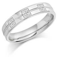 9ct White Gold Ladies 4mm Wedding Ring with Centre Groove and  Set with 6pts of Diamonds in 3 Square Boxes  