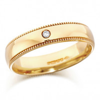 9ct Yellow Gold Gents 5mm Wedding Ring Set with Single 3pt Diamond and with Beaded Edges    