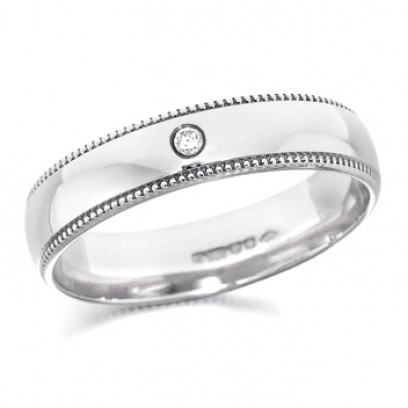 9ct White Gold Gents 5mm Wedding Ring Set with Single 3pt Diamond and with Beaded Edges    