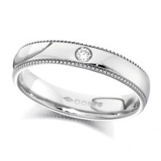 9ct White Gold Ladies 4mm Wedding Ring Set with Single 2pt Diamond and with Beaded Edges  