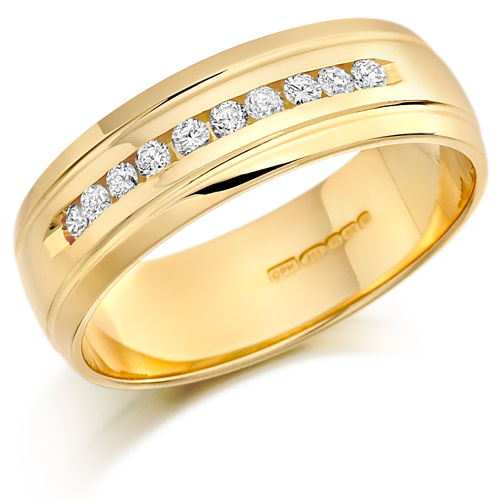 9ct Yellow Gold Gents 7mm Wedding Ring with 10 Channel Set Diamonds and ...