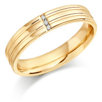 9ct Yellow Gold Ladies 4mm Wedding Ring with 2 Parallel Grooves and Set with 3 Channel Set Diamonds Weighing a Total of 1.5pts  