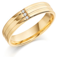 9ct Yellow Gold Gents 5mm Wedding Ring with 2 Parallel Grooves and Set with 3 Channel Set Diamonds Weighing a Total of 3pts  