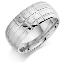 9ct White Gold Gents 8mm Chequerboard Pattern Wedding Ring  