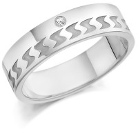 18ct White Gold Gents 6mm Wedding Ring with Frosted S-Shape Pattern and Set with 3pts of Diamonds  