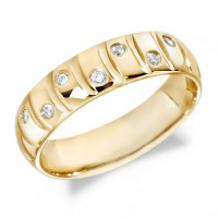 9ct Yellow Gold Gents 6mm Wedding Ring with Curved Grooves and 14pts of Alternate Set Diamonds  