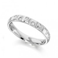 9ct White Gold Ladies 3mm Wedding Ring with Curved Grooves and 7pts of Alternate Set Diamonds  