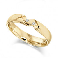 9ct Yellow Gold Ladies 4mm Wedding Ring with Diagonal Pattern and Set with 2 Diamonds, Total Weight 2pts  