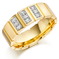 9ct Yellow Gold Gents 8mm Wedding Ring with Vertical Cuts All Around and Set with 0.27ct of Diamonds in 3 Panels  