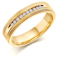 9ct Yellow Gold Ladies 4mm Wedding Ring with 10pts of Channel Set Diamonds with Beaded Edge Pattern  