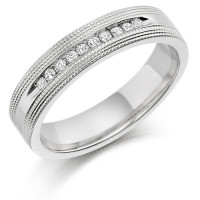 9ct White Gold Ladies 4mm Wedding Ring with 10pts of Channel Set Diamonds with Beaded Edge Pattern  