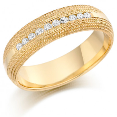 18ct Yellow Gold Gents 6mm Wedding Ring with 0.30ct of Channel Set Diamonds with Beaded Edge Pattern  