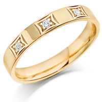 9ct Yellow Gold Ladies 3mm Wedding Ring with 6pts of  Diamonds Set in Square Box Patterns  