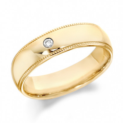 9ct Yellow Gold Gents 6mm Wedding Ring with Beaded Edges and Set with Single 4pt Diamond  