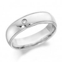9ct White Gold Gents 6mm Wedding Ring with Beaded Edges and Set with Single 4pt Diamond  