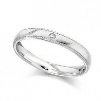 9ct White Gold Ladies 3mm Wedding Ring with Beaded Edges and Set with Single 1pt Diamond  