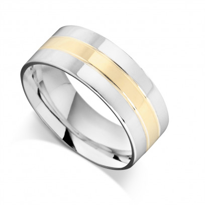 9ct Yellow Gold Gents 9mm Flat Wedding Ring with 2 x 3mm White Gold Bands on Each Side of Yellow Centre Band