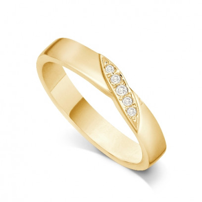 9ct Yellow Gold Ladies 4mm Wedding Band Ring with a Diagonal Leaf Set with 0.05ct of Diamonds