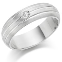 Gents 6mm 9ct White Gold Ring with 3 Parallel Lines and Set with a Single 5pt Round Diamond