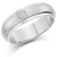Gents 6mm 9ct White Gold Ring with Raised Frosted Centre and Shiny Edges  and Set with a Single 5pt Round Diamond