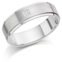 Gents 6mm 9ct White Gold Ring with Frosted Raised Centre and Shiny Edges and Set with a Single 5pt Princess Cut Diamond