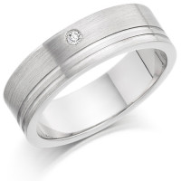 Gents 6mm 9ct White Gold Ring with 2 Shiny Grooves and Set with a Single 3pt Round Diamond
