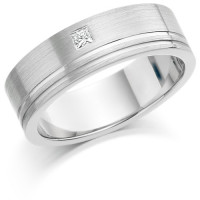 Gents 6mm 9ct White Gold Ring with 2 Shiny Grooves and Set with a Single 5pt Princess Cut Diamond