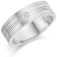 Gents 6mm 9ct White Gold Ring with Narrow Shiny Centre Grooves and Frosted Edges and Set with a Single 5pt Round Diamond