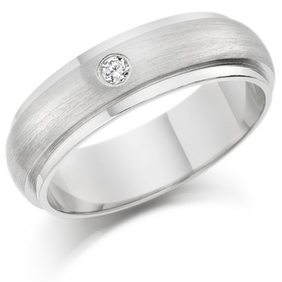 Gents 6mm 18ct White Gold Ring with Raised Frosted Centre and Shiny Edges  and Set with a Single 5pt Round Diamond