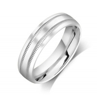 18ct White Gold Gents 6mm Court Shape Wedding Ring with 2-Parallel Millgrain Lines