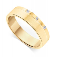 9ct Yellow Gold Gents Wedding Ring 3.4mm Flat Court Ring Set with 3-Diamonds in a Countersunk Groove on One Side