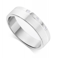 18ct White Gold Gents 3.4mm Flat Court Wedding Ring Set with 3-Diamonds in a Countersunk Groove on One Side