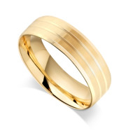 18ct Yellow Gold Gents 6mm Flat Court Wedding Ring with Bevelled Edges and 2 Grooves