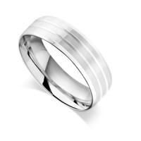 18ct White Gold Gents 6mm Flat Court Wedding Ring with Bevelled Edges and 2 Grooves