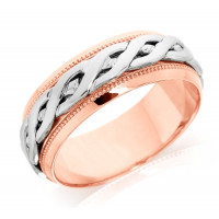 18ct Rose and White Gold Gents 8mm Ring with Plaited Centre and Beaded Edges
