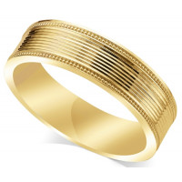 9ct Yellow Gold Gents 6mm Flat Court Wedding Ring with a Shiny Grooved Centre and a Millgrained Pattern on Each Edge