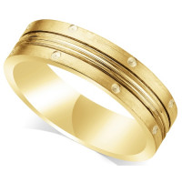 18ct Yellow Gold Gents 6mm Flat Court Wedding Ring with a Grooved Centre and Diamond Effect Dimples Spaced on Each Side of Groove