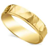9ct Yellow Gold Gents 6mm Flat Court Wedding Ring with a Hammered Effect Centre and a Shiny Groove on Each Edge