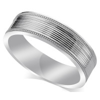 9ct White Gold Gents 6mm Flat Court Wedding Ring with a Shiny Grooved Centre and a Millgrained Pattern on Each Edge