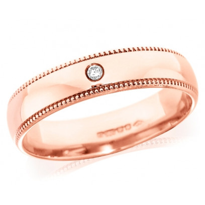 9ct Rose Gold Gents 5mm Wedding Ring Set with Single 3pt Diamond and with Beaded Edges