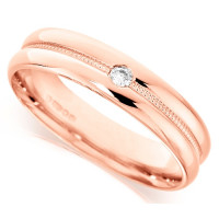 9ct Rose Gold Gents 5mm Wedding Ring with Grooved and Beaded Centre and Set with Single 5pt Diamond