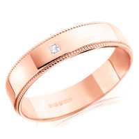 9ct Rose Gold Gents 5mm Wedding Ring with Beaded Edges and Set with Single 3pt Princess Cut Diamond