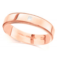 9ct Rose Gold Wedding Ring Ladies 4mm with Beaded Edges and Set with Single 3pt Princess Cut Diamond