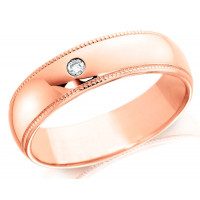 18ct Rose Gold Gents 6mm Wedding Ring with Beaded Edges and Set with Single 4pt Diamond