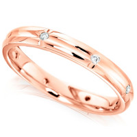 9ct Pink Rose Gold Wedding Ring Ladies 3mm with Centre Groove and Diamonds Set Evenly Spaced All Around, Total Weight 8pts