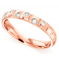 9ct Rose Gold Ladies 3mm Wedding Ring with Curved Grooves and 7pts of Alternate Set Diamonds