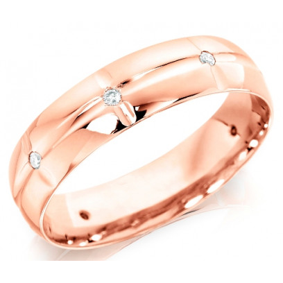 18ct Rose Gold Gents 6mm Wedding Ring with Centre Groove and Diamonds Set Evenly Spaced all Around, Total Weight 12pts