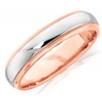 18ct Rose and White Gold Gents 5mm Wedding Ring with Plain Centre and Beaded Edges