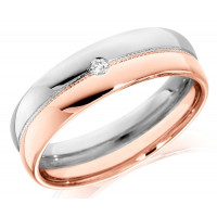 9ct Rose and White Gold Gents 6mm Wedding Ring with Beaded Centre and Set with Single 4pt Round Diamond