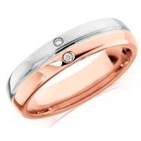 9ct Rose and White Gold Ladies 4mm Wedding Ring with Grooved Centre and Set with 2 Diamonds, Total Weight 2pts